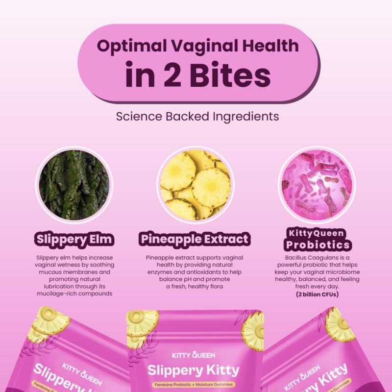 Kittyqueen Feminine Probiotics Gummies for Women, Women's Probiotic + Slippery Elm + Moisture Pineapple Gummies Supports pH Balance, Gut Health, 60 Count