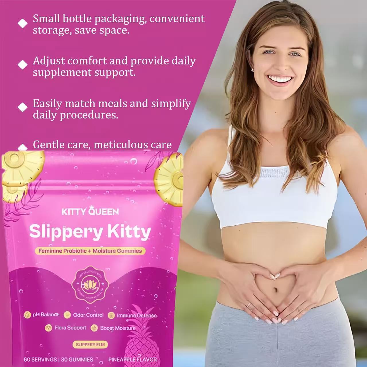 Kittyqueen Feminine Probiotics Gummies for Women, Women's Probiotic + Slippery Elm + Moisture Pineapple Gummies Supports pH Balance, Gut Health, 60 Count