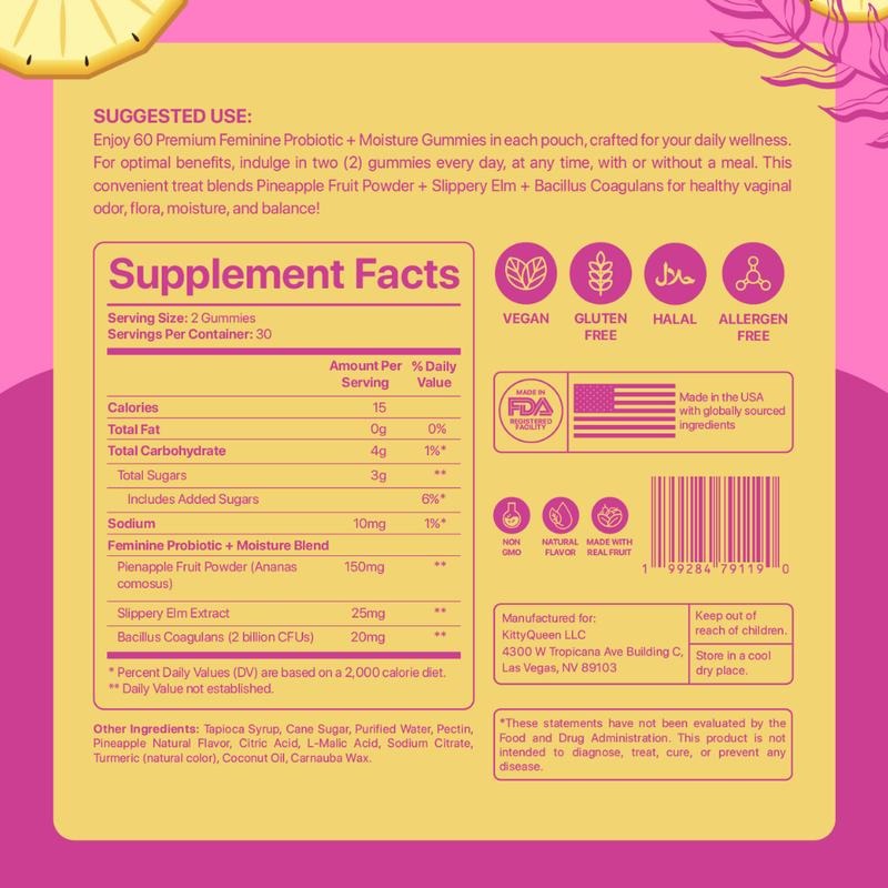 Kittyqueen Feminine Probiotics Gummies for Women, Women's Probiotic + Slippery Elm + Moisture Pineapple Gummies Supports pH Balance, Gut Health, 60 Count