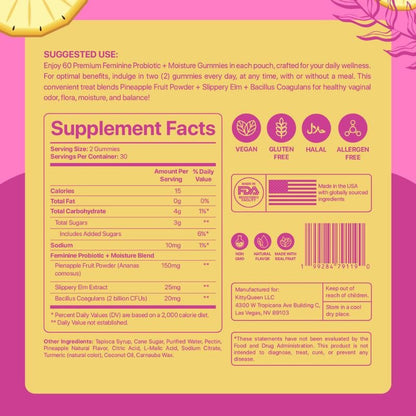 Kittyqueen Feminine Probiotics Gummies for Women, Women's Probiotic + Slippery Elm + Moisture Pineapple Gummies Supports pH Balance, Gut Health, 60 Count